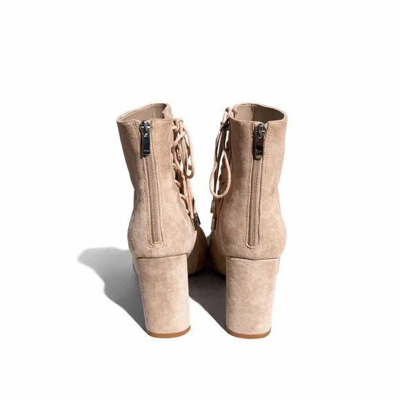 Kendall & Kylie Taupe Suede Lace-Up Ankle Booties Pointed Toe Block Heel - Picture 3 of 13